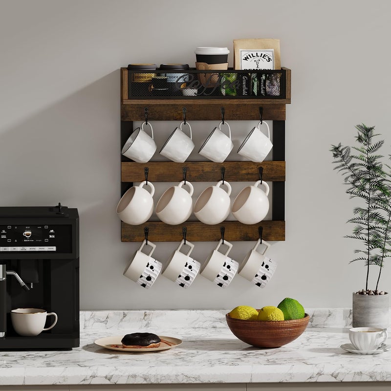 YINMIT Coffee Mug Holder with 12 Hooks, Coffee Cup Holder Wall Mounted with Top Shelf, Mug Organizer for Home Kitchen, Brown - Image 3